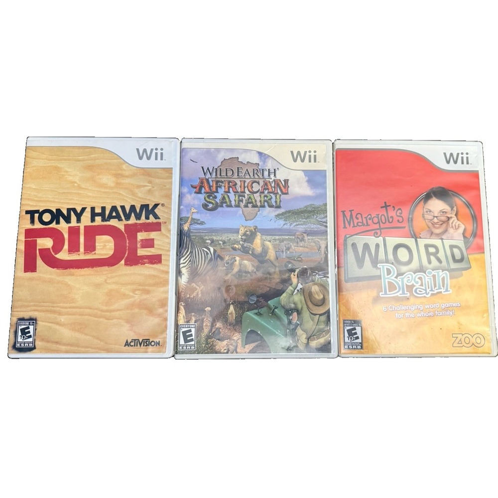 Nintendo Wii 3 Game Lot Tony Hawk Ride African Safari Margot's Word Brain CIB